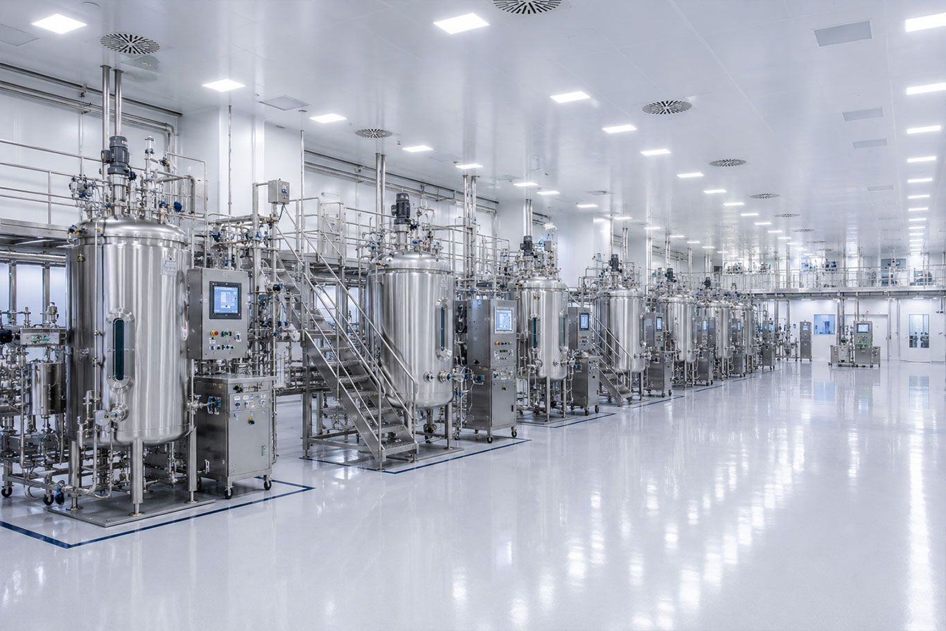 Wide view of a GMP biopharmaceutical manufacturing facility with stainless steel bioreactors, automated process equipment, and cleanroom production infrastructure.