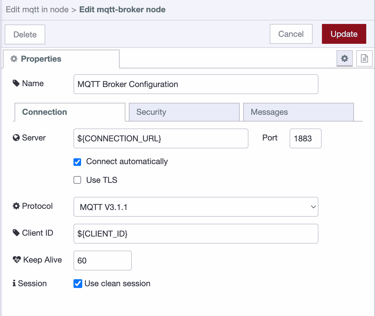 MQTT Connection Tab - Configure broker address, port, and TLS settings MQTT broker connection configuration screen showing server address, port, and protocol settings