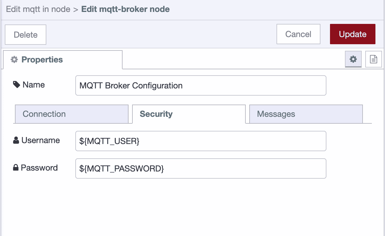 MQTT Security Tab - Enter credentials using environment variables for security MQTT broker security configuration showing username and password fields