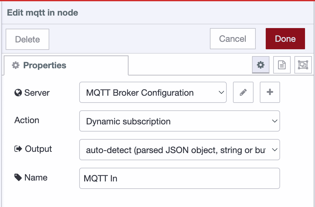 MQTT-in Dynamic Mode MQTT-in node configured for dynamic subscription mode with empty topic field