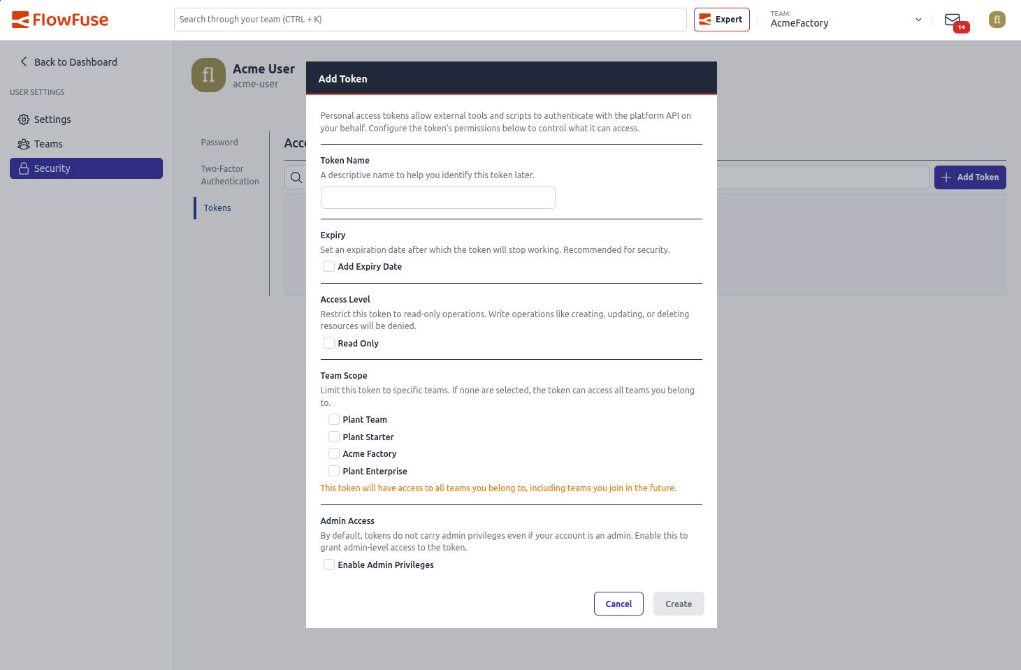The token creation dialog with individual permission scopes selected
