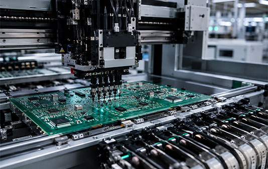 SMT pick-and-place machine assembling printed circuit boards in an electronics factory